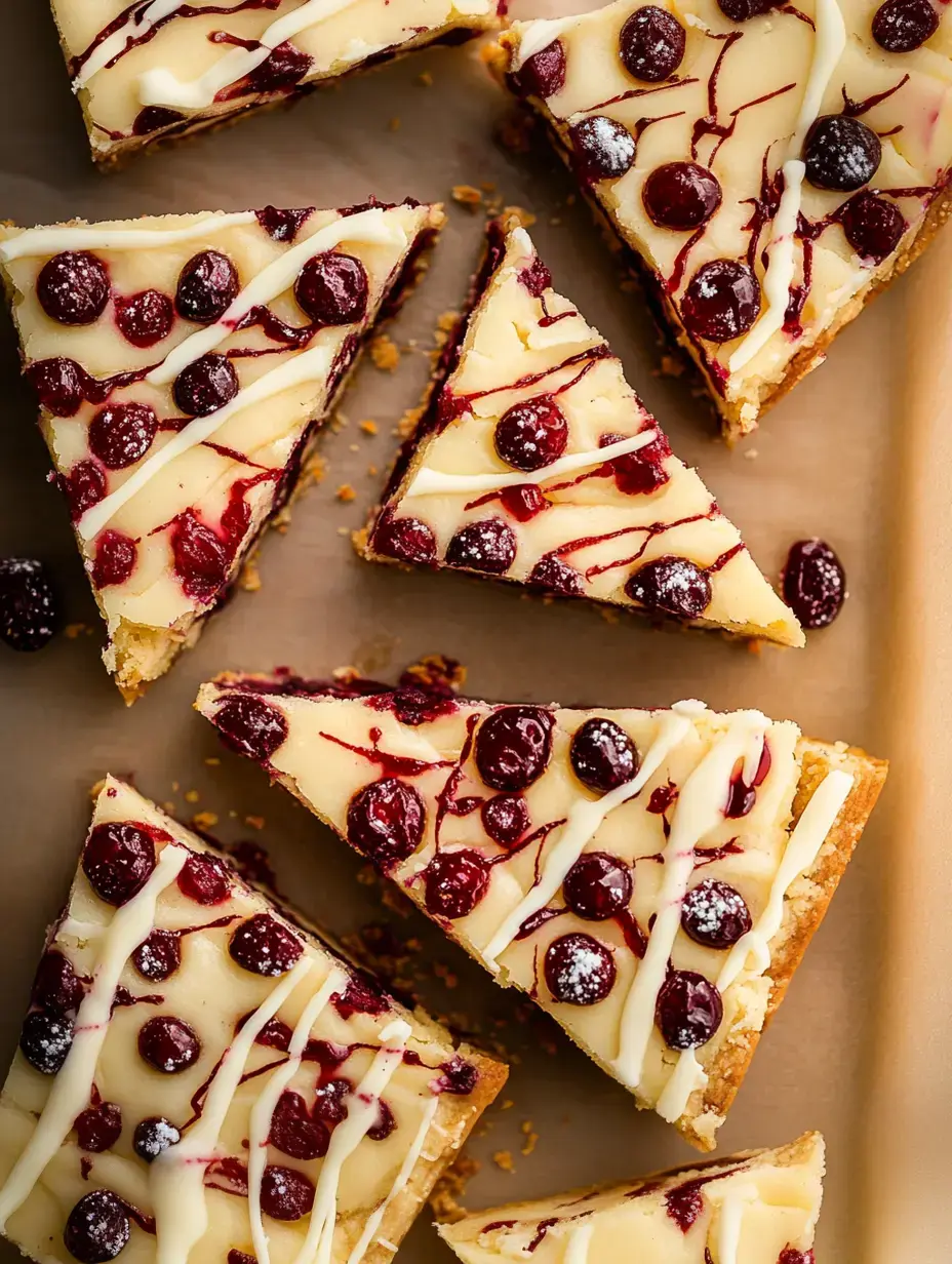 Vista cercana de varias porciones triangulares de un postre cremoso decorado con frutos rojos y glaseado blanco.