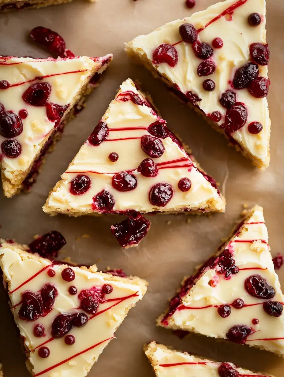 Porciones triangulares de postre con cobertura blanca y frutos rojos, sobre fondo de papel marrón.