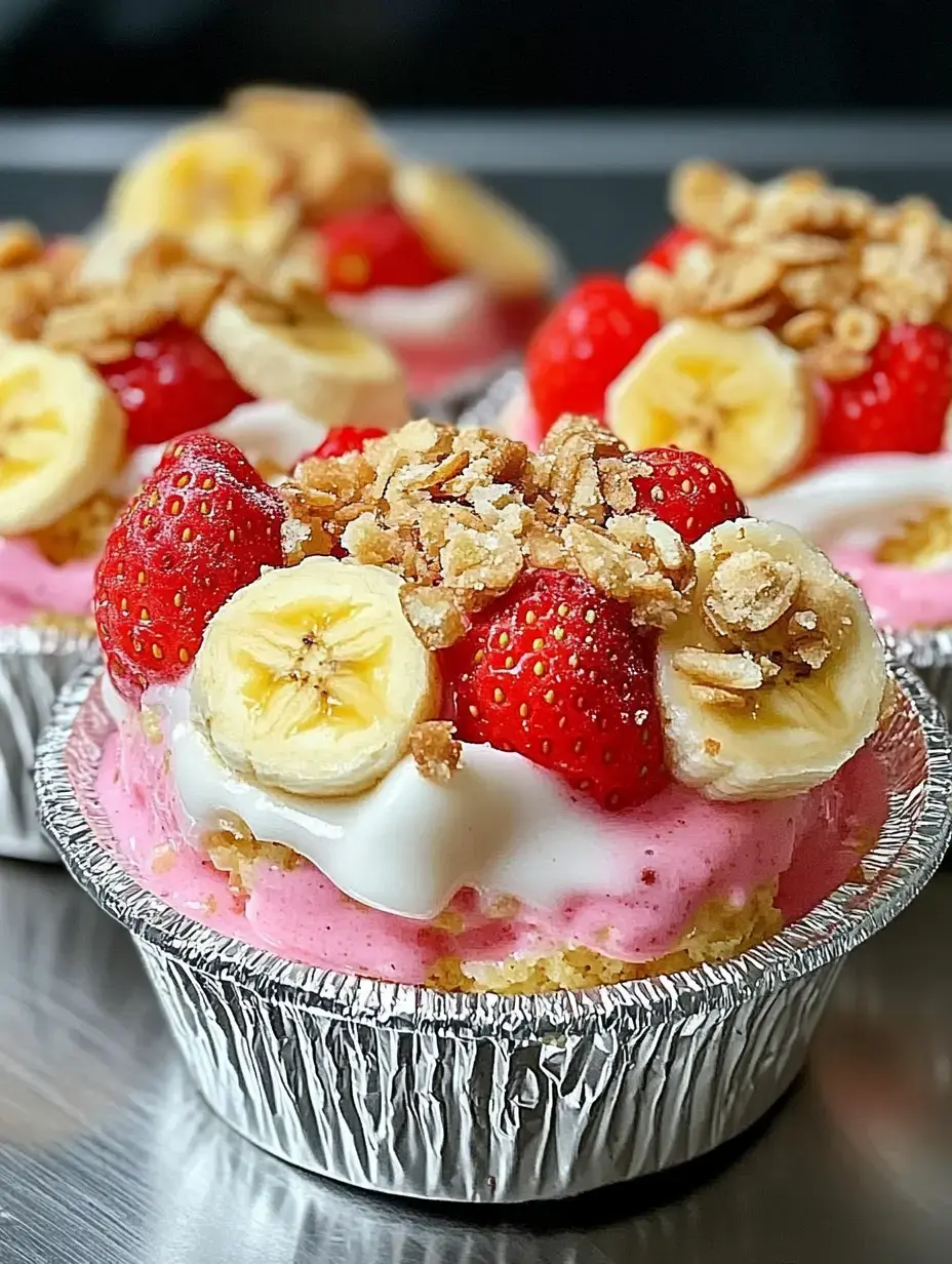 Postre de cerca en vasitos, decorado con fresas, rodajas de plátano, granola y una capa cremosa rosa.