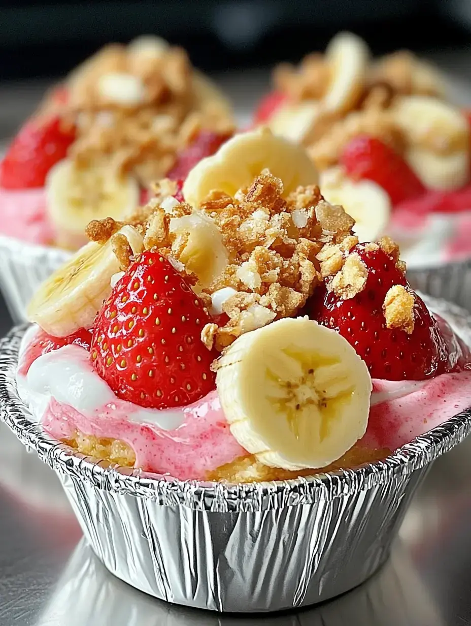 Vaso de postre visto de cerca, decorado con plátano, fresas y granola sobre crema rosa.