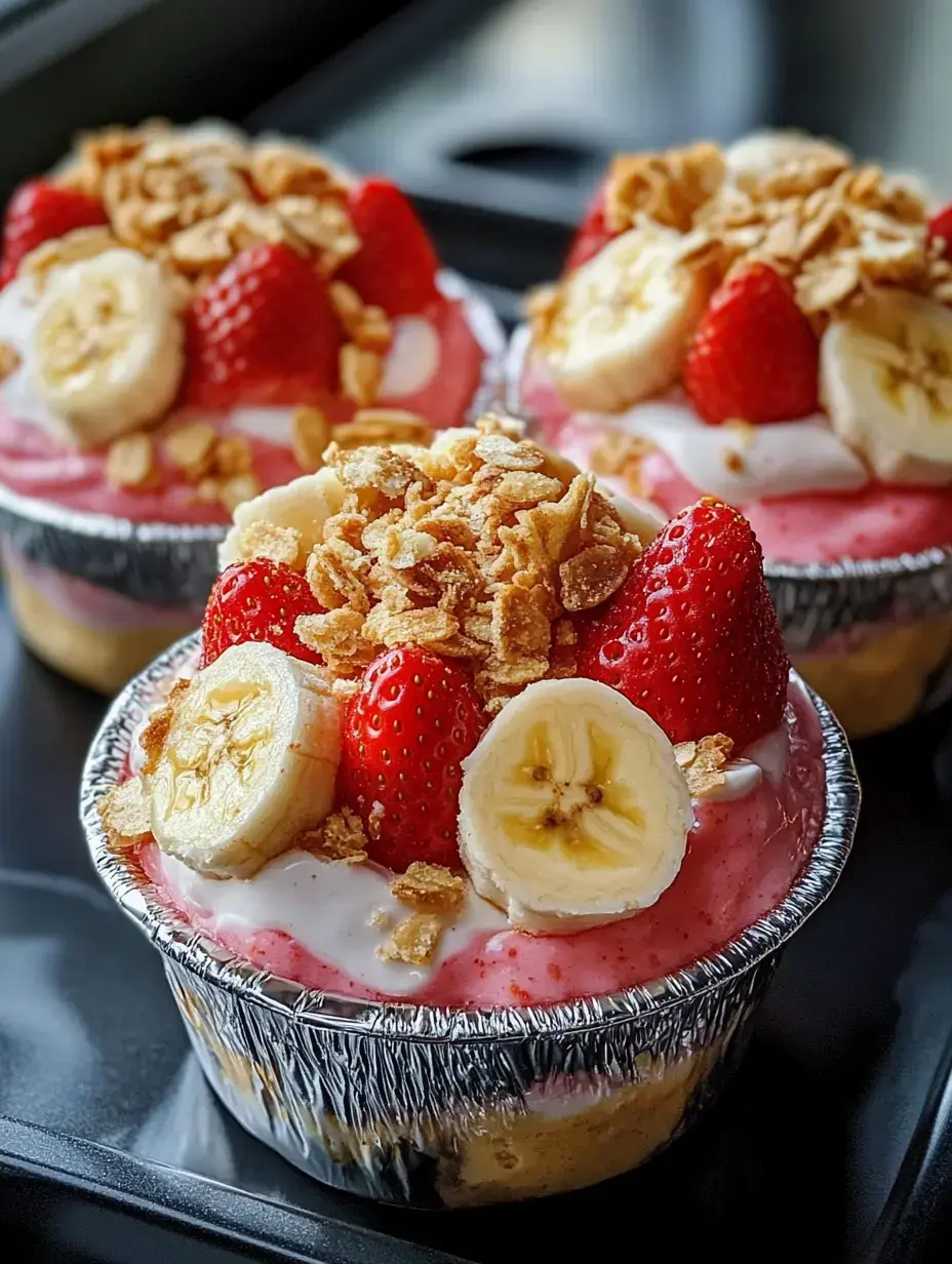 Tres copas coloridas de postre, coronadas con fresas, plátano, granola y una capa rosa, sobre fondo oscuro.