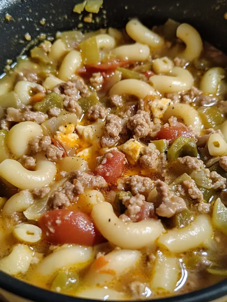 Olla con macarrón, carne molida, tomate y pimientos verdes en caldo rico.