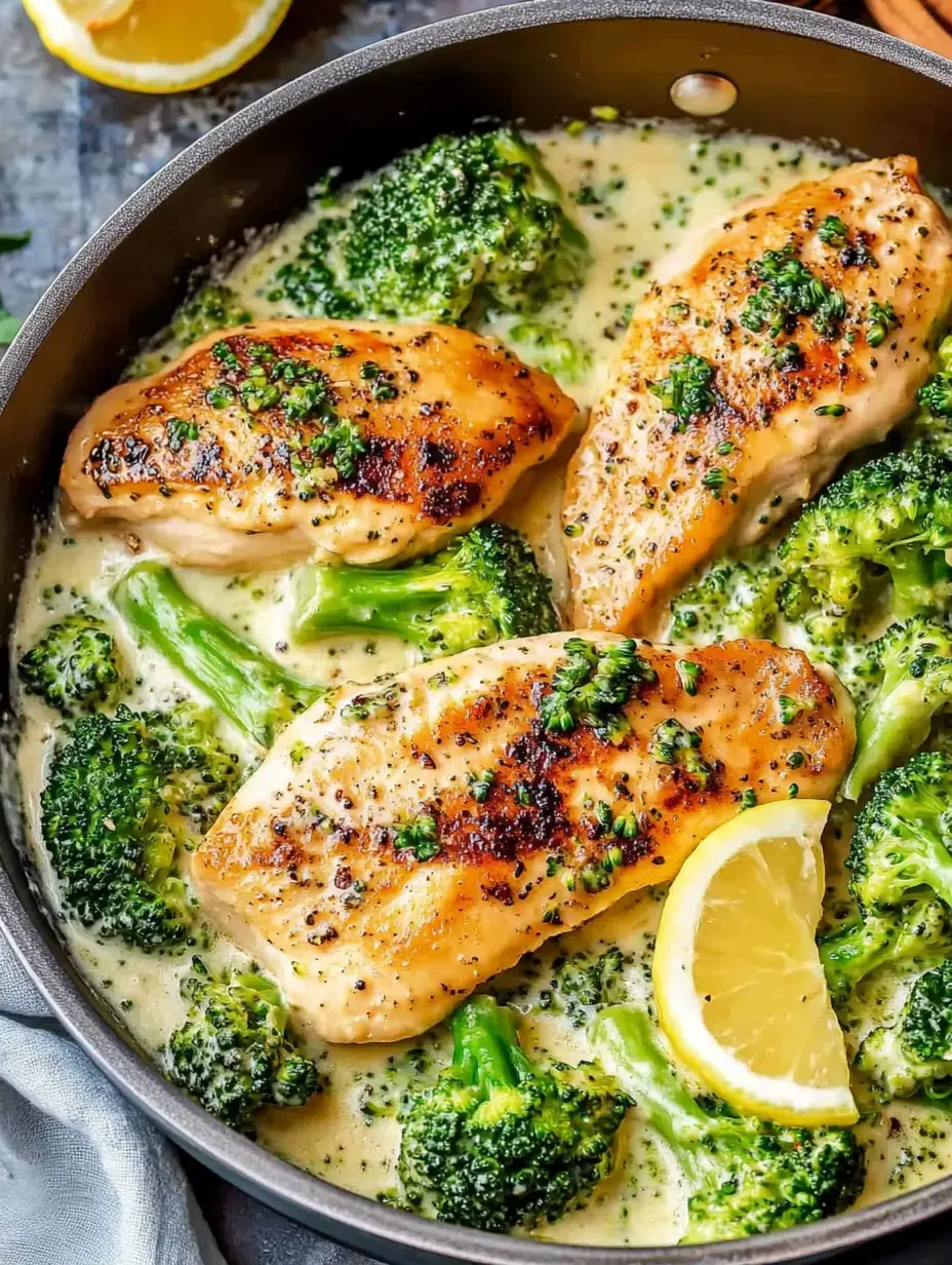 Una sartén con pechugas de pollo selladas y brócoli bañado en salsa cremosa, decorado con perejil y limón.
