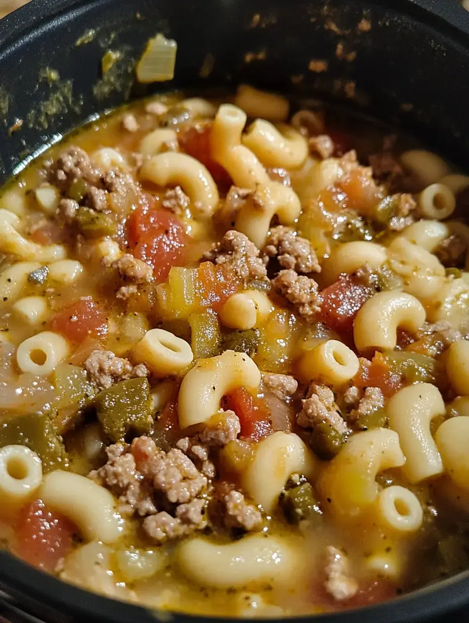 Olla negra llena de sopa macarrón, carne, tomate y verduras mixtas.