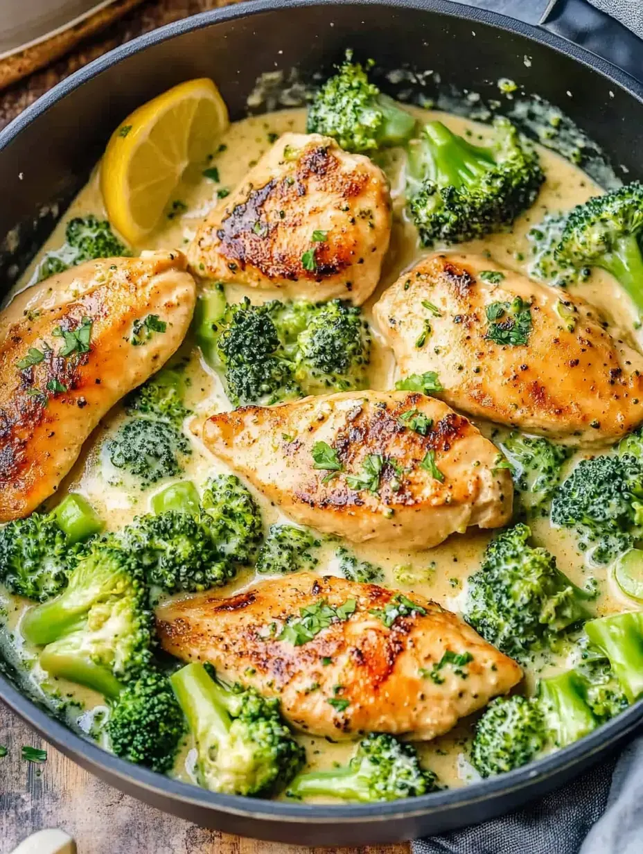 Sartén con pechugas de pollo cocidas y brócoli en salsa cremosa, rematado con perejil y una rodaja de limón.