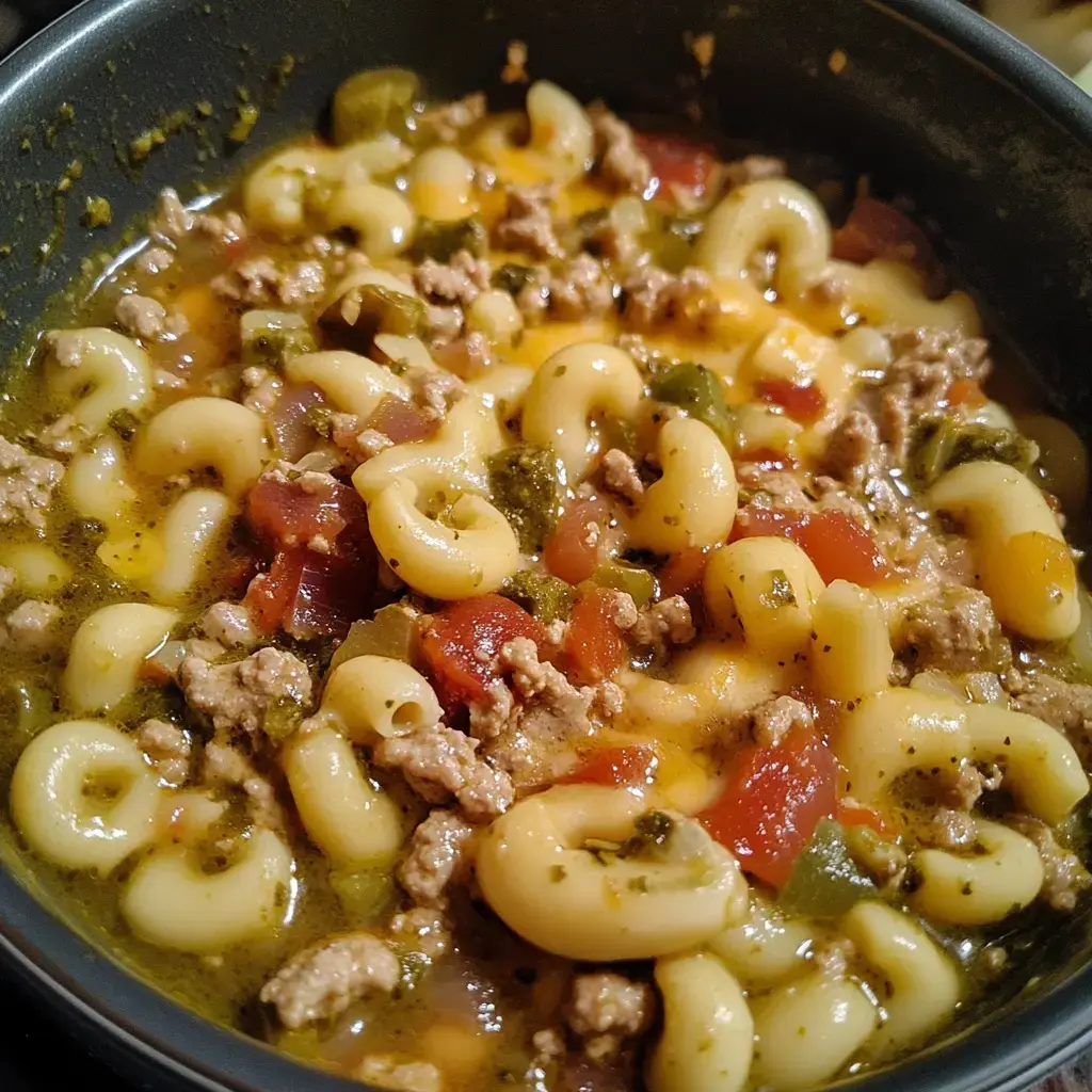 Olla llena de macarrón, carne molida, tomate y especias en caldito sabroso.