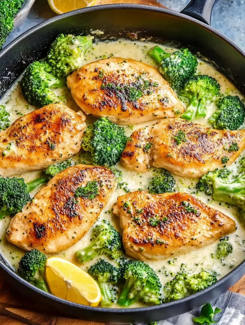 Trozos de pechuga de pollo salteados con brócoli verde vivo en salsa cremosa y decorado con perejil y limón.