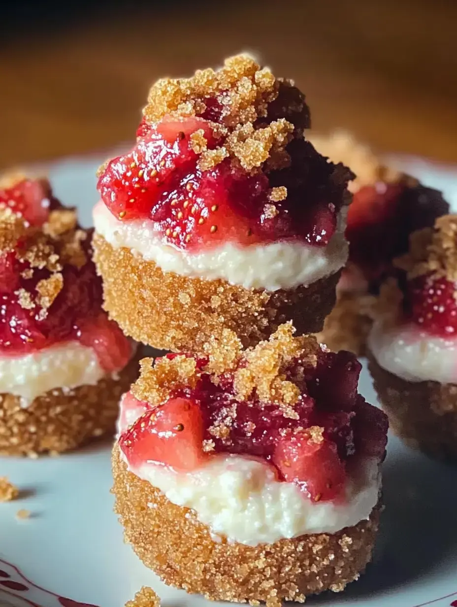 Una vista cercana de vasitos de postre pequeños con base de galleta, relleno de cheesecake cremoso y una salsa de fresa con pedacitos crujientes por encima.