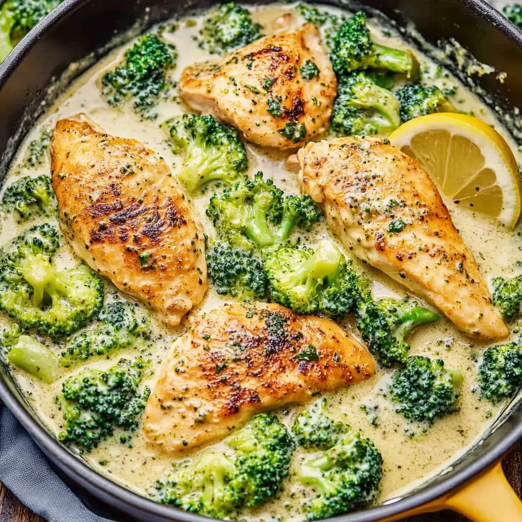 Sartén lleno de salsa cremosa, pechugas de pollo cocidas y brócoli verde intenso, decorado con una rodaja de limón.