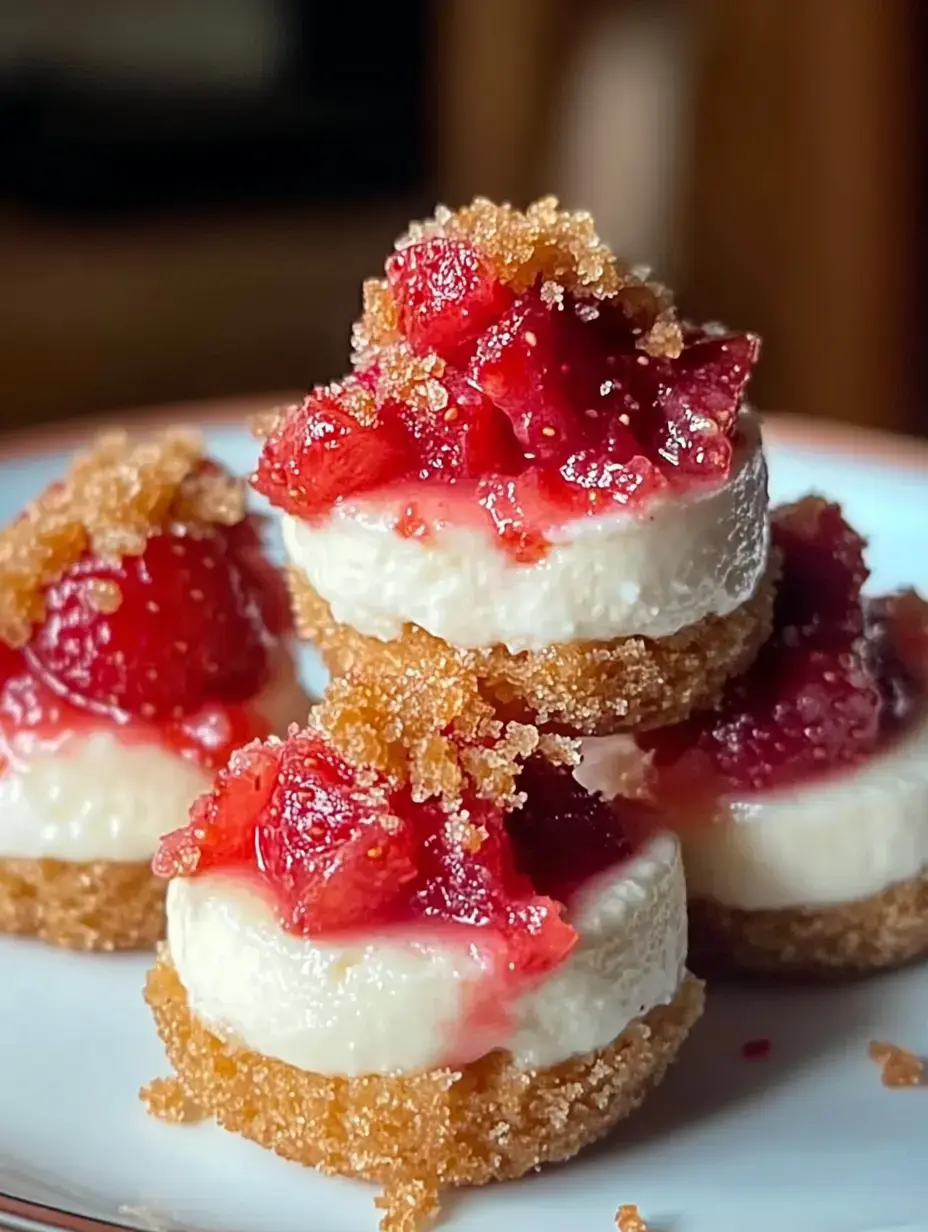 Un acercamiento de mini postres de cheesecake con fresas frescas y trozos de galleta María triturada sobre un plato.