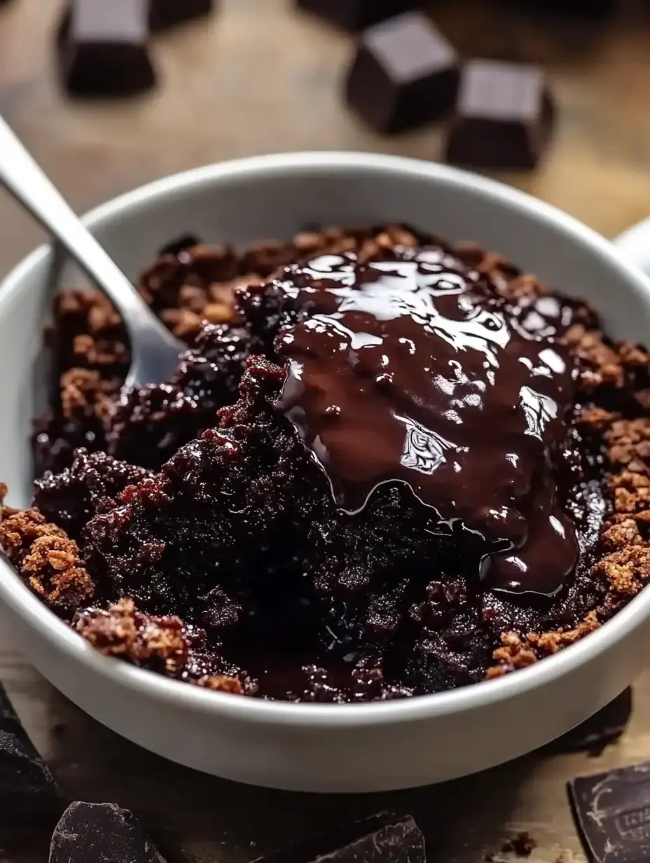Un bol lleno de pastel de chocolate húmedo cubierto con salsa brillante de chocolate y trocitos de galleta desmoronada cerca.