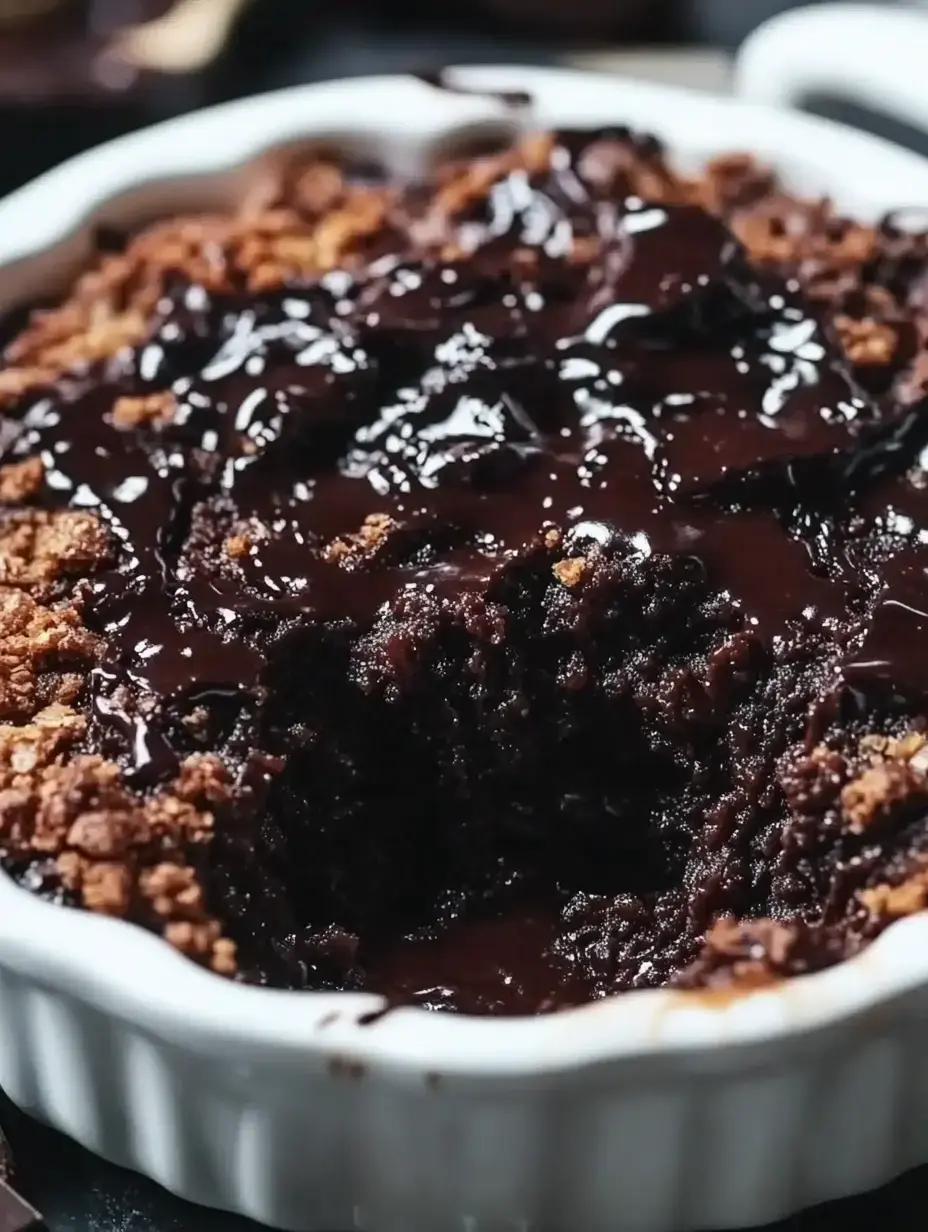 Vista de cerca de un postre de chocolate horneado en bandeja blanca con costra dorada y salsa de chocolate encima.