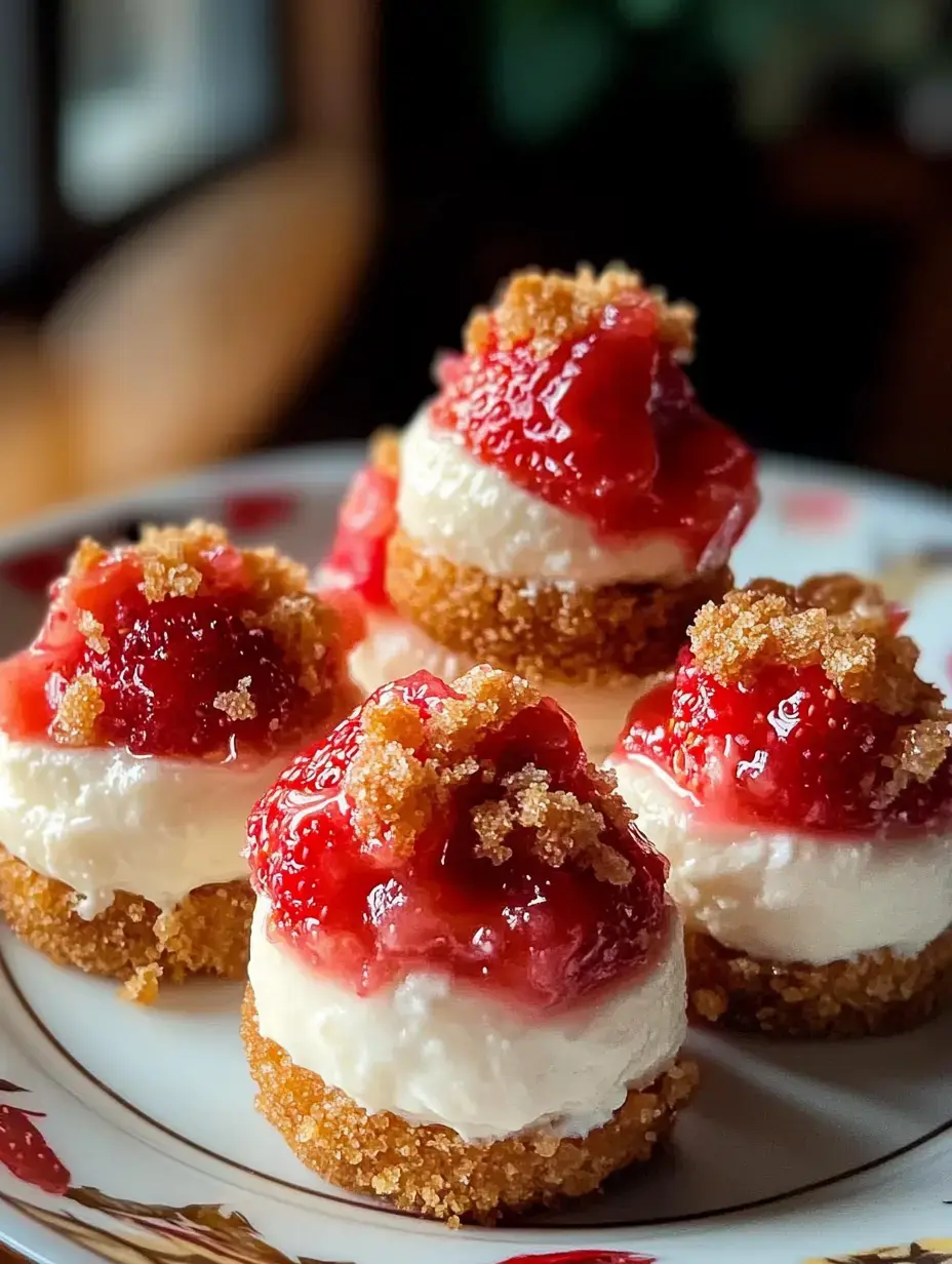 Plato con mini cheesecakes cubiertos con mermelada de fresa y azúcar moreno en migas.