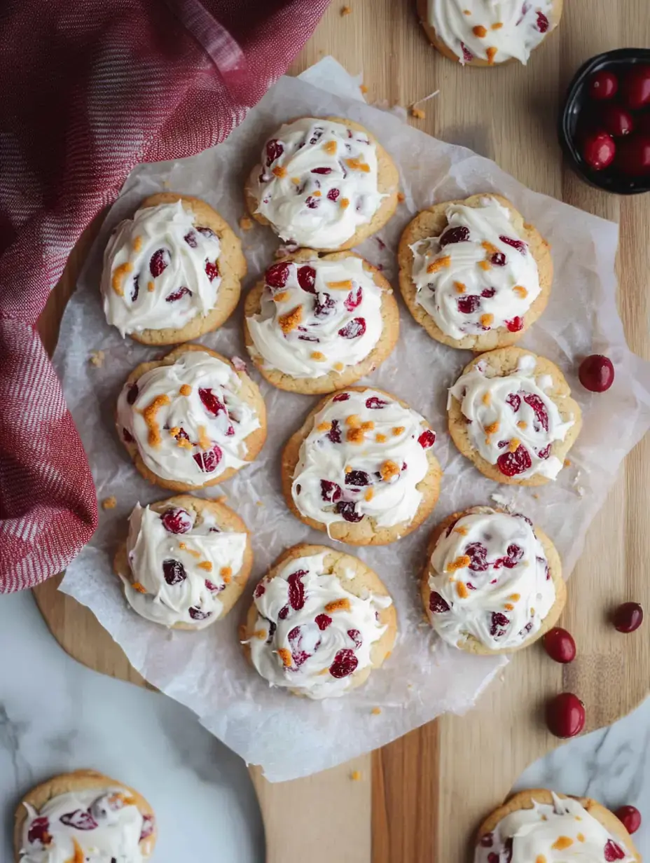 Una tabla de madera llena de galletas cubiertas de glaseado, arándanos y ralladura de naranja, con un paño rojo y un bol con arándanos a un lado.