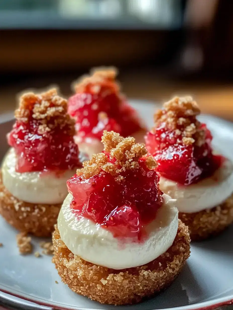 Un plato con postres de base de galleta María, relleno cremoso y jalea de fruta roja con migas por arriba.