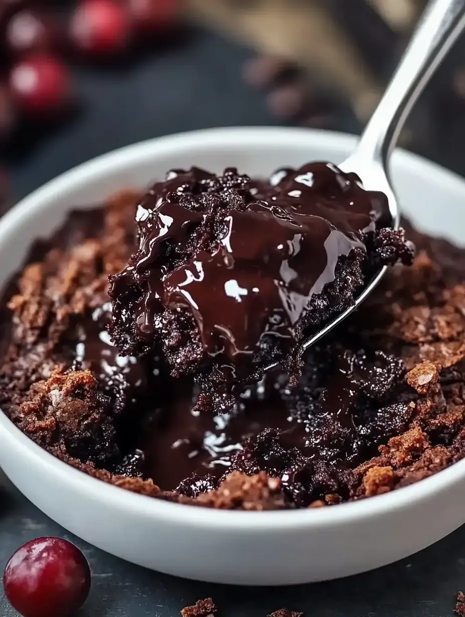 Una cucharada de postre de chocolate pegajoso subiendo de un bol con bordes crujientes y arándanos encima.