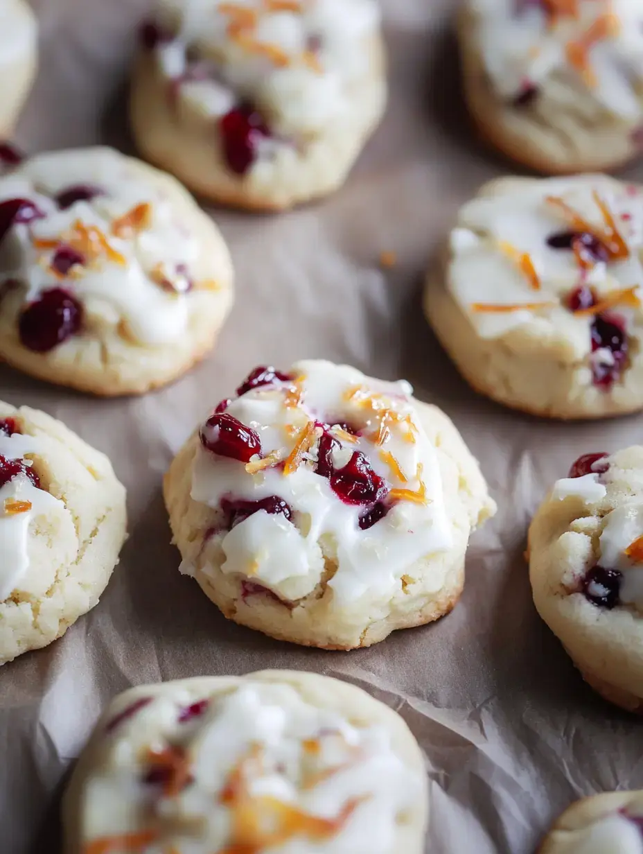 Una imagen de cerca de galletitas frescas cubiertas de glaseado blanco, arándanos y ralladura de naranja.