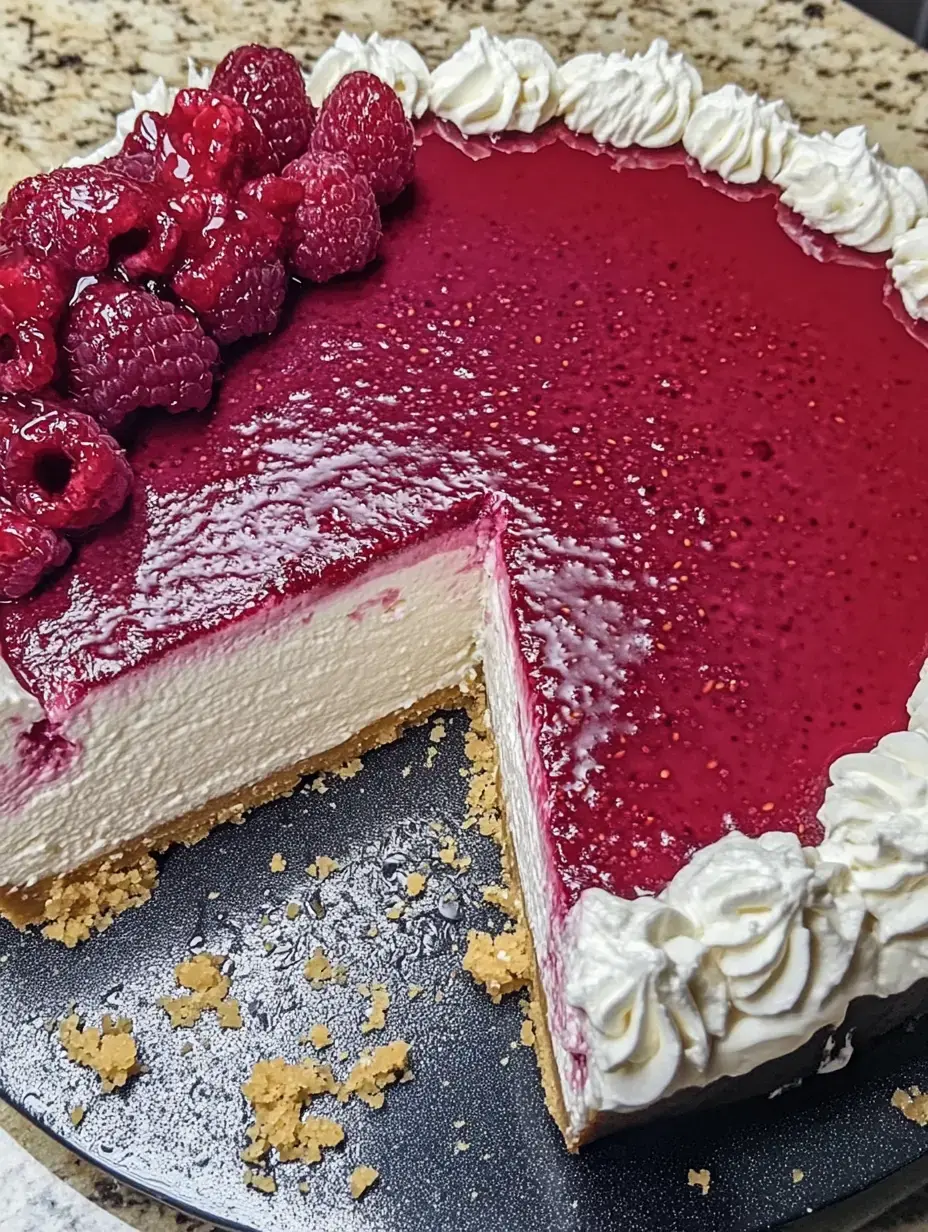 Un cheesecake de frambuesa con cobertura brillante y crema batida, parcialmente cortado en un plato oscuro.