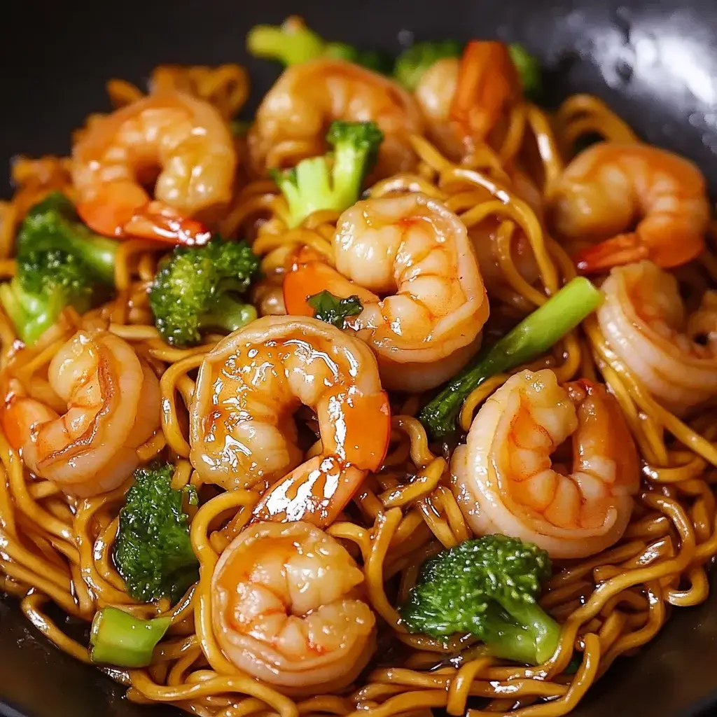 Acercamiento a camarones salteados con fideos y brócoli en un bowl oscuro.