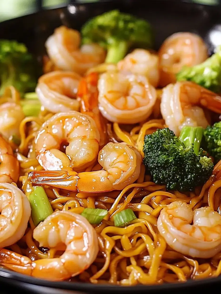 Camarones, brócoli y fideos mezclados en un bowl oscuro, bien de cerca.