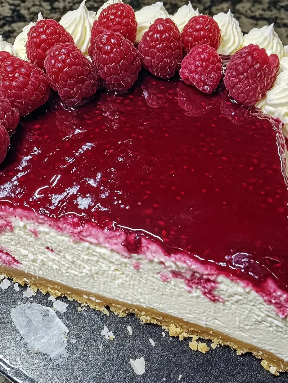 Un pastel de queso con remolinos de frambuesa, corteza crujiente, frambuesas frescas y crema, cortado en rebanadas.