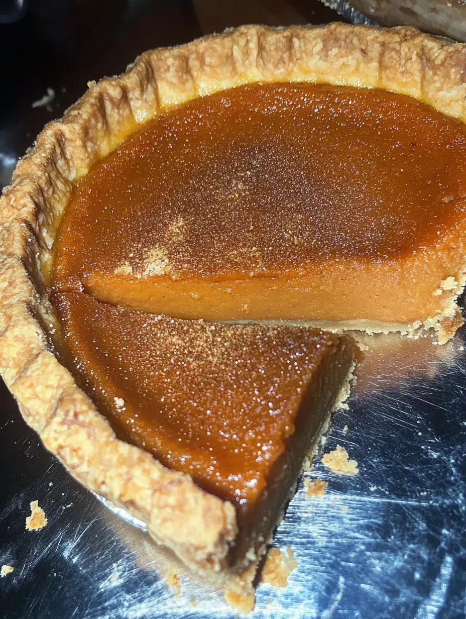 Una rebanada de pay de calabaza recién sacada, mostrando su relleno terso y costra doradita.