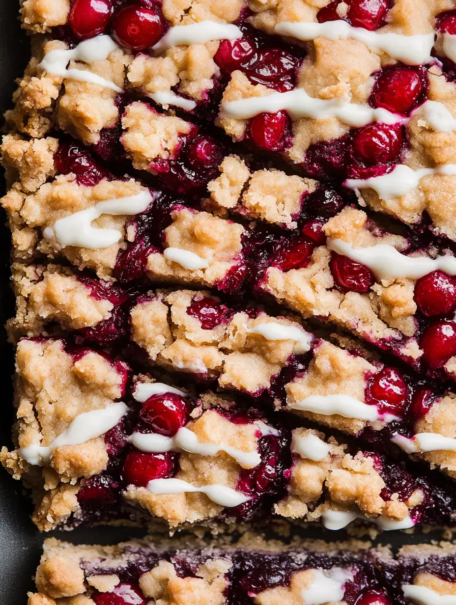 Postre horneado con frutos rojos y glaseado blanco, cortado en porciones cuadradas.