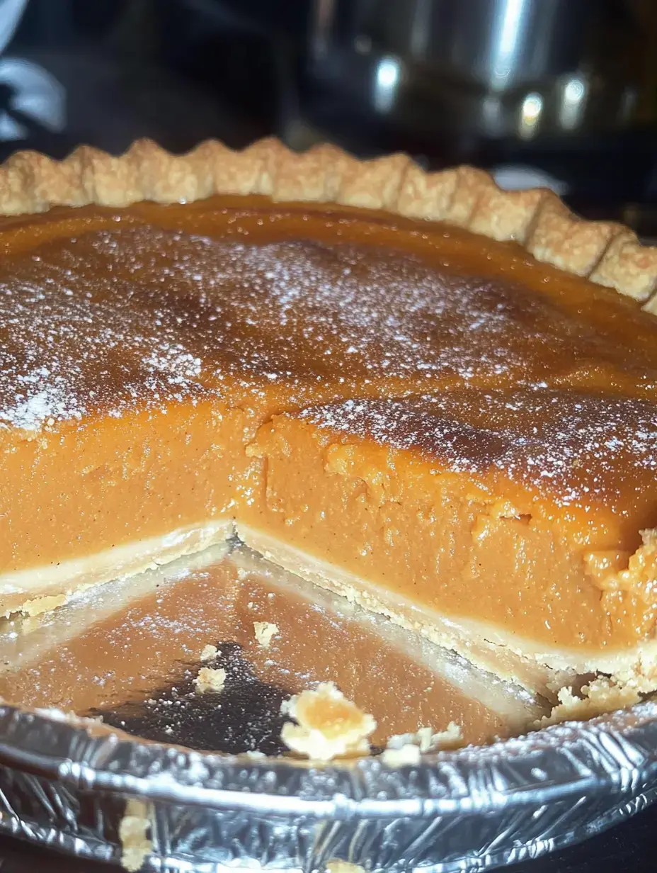 Un pay de calabaza, con el relleno naranja sedoso y la costra crujiente espolvoreada con azúcar glass.