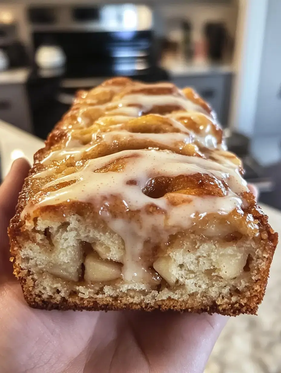 Una mano sostiene un pan alargado cortado, mostrando su interior húmedo lleno de manzana y el glaseado por arriba.