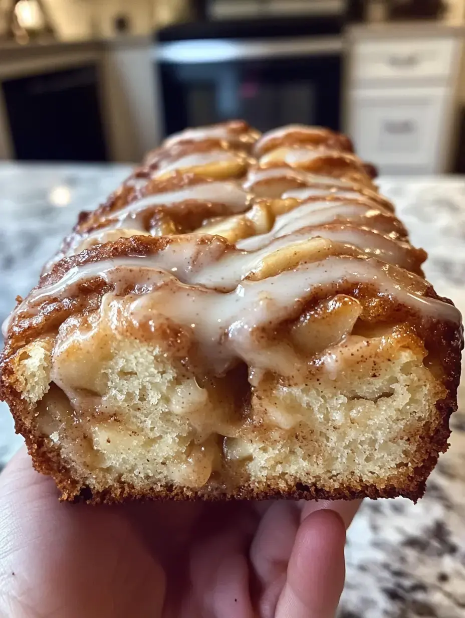 Alguien sostiene un pan de manzana y canela glaseado, se ve tierno por dentro y con la cobertura brillante.