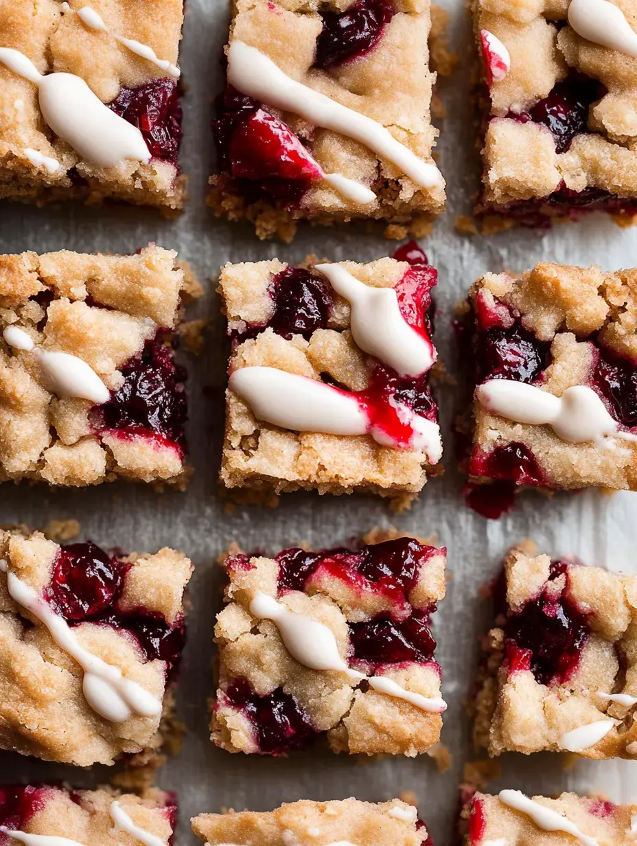Cuadrados de postre de migas con relleno rojo y glaseado claro, acomodados en una base blanca.