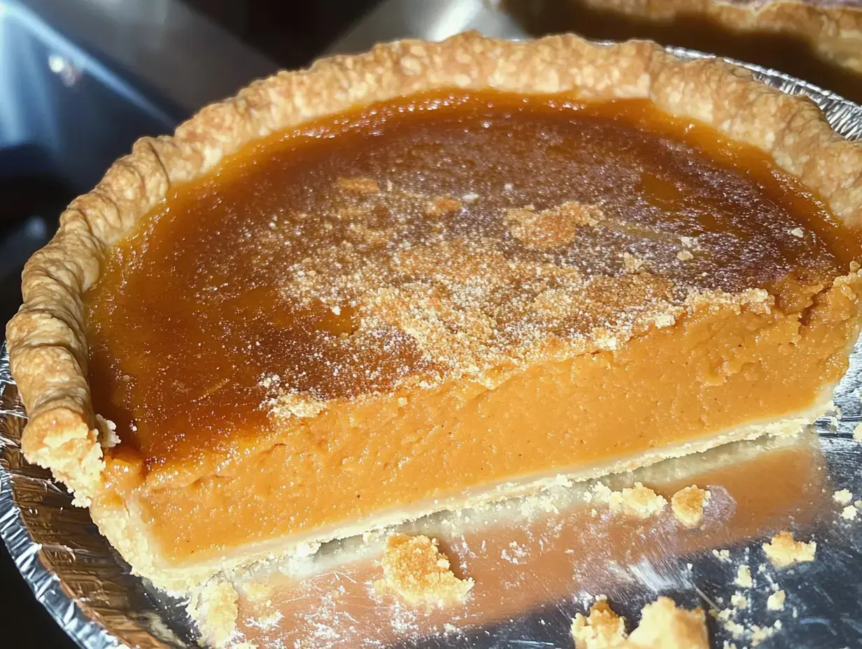 Una rebanada de pay de calabaza relleno suave y costra doradita en un plato de peltre.