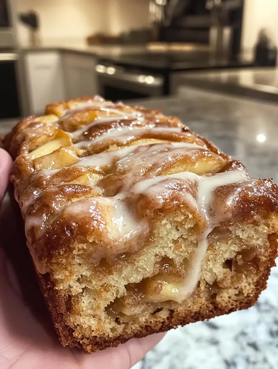 Un primer plano de una mano mostrando un pan de manzana y canela glaseado, se ven trocitos de manzana por dentro y aspecto jugoso.