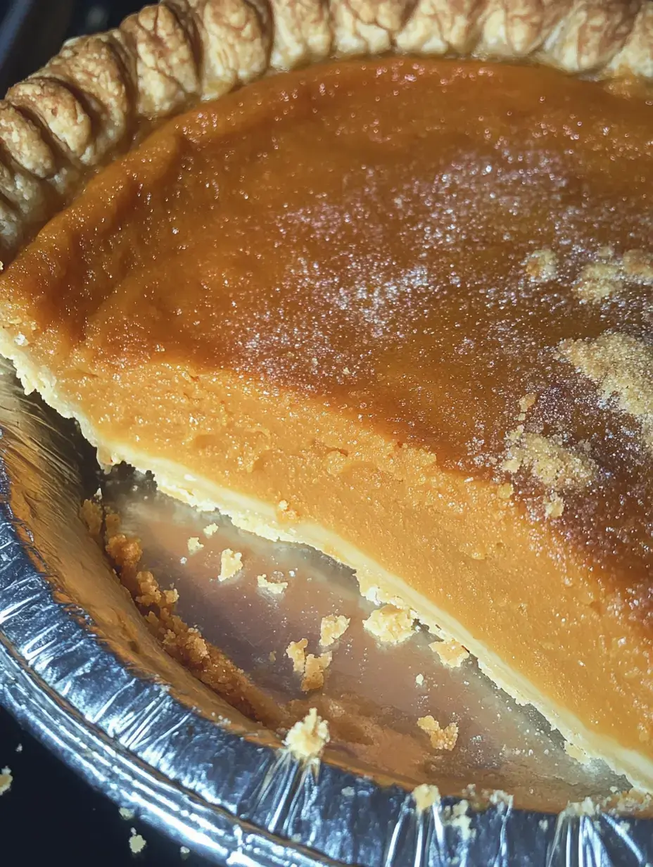 Un acercamiento a una rebanada de pay de calabaza, mostrando el relleno naranja suave y la base crujiente.