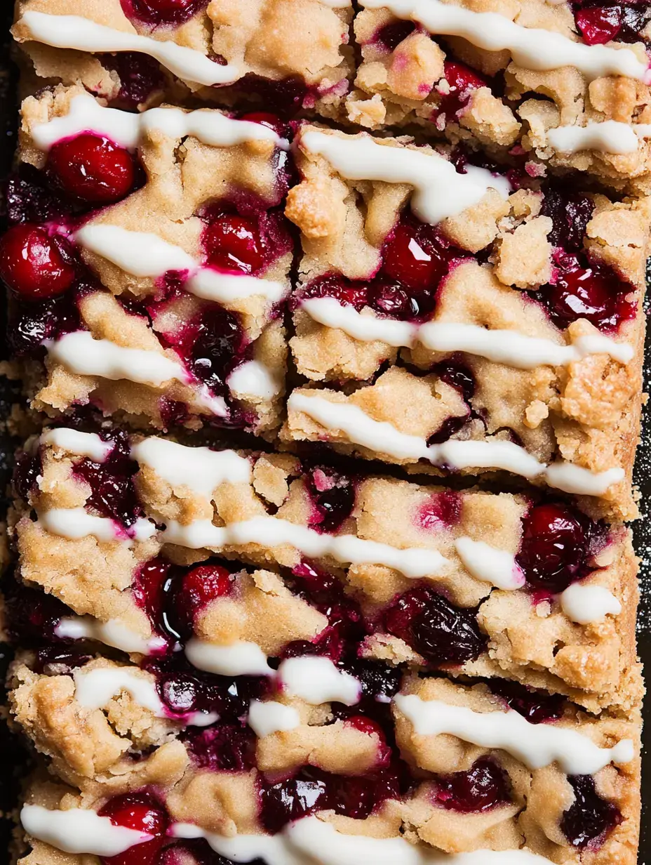 Vista de cerca a cuadraditos de postre desmigados con relleno rojo y glaseado blanco brillante.