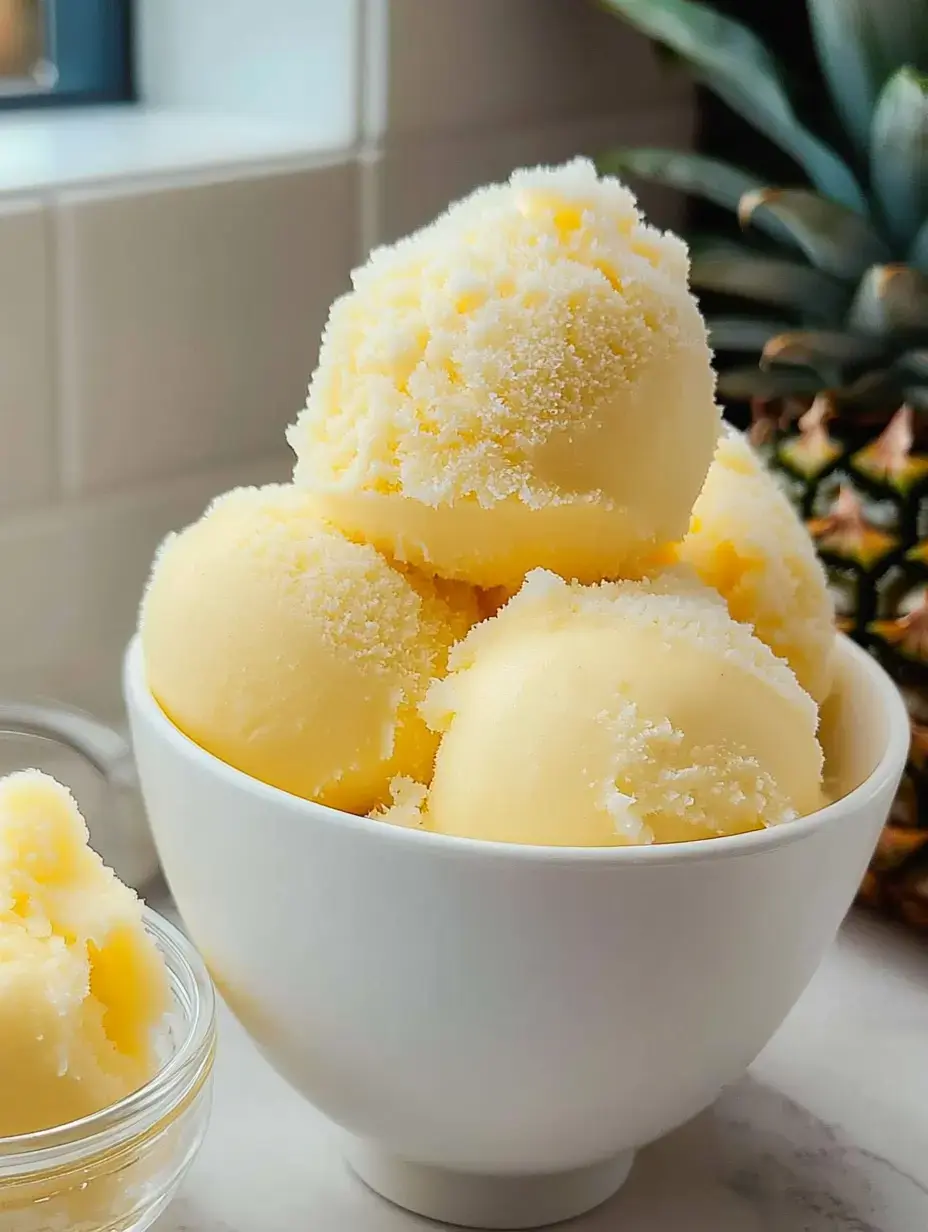 Un bol con varias bolas de helado amarillo, al fondo hay una piña.