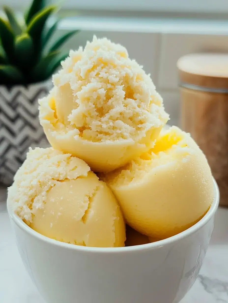 Un bol con tres bolas de helado amarillo cremoso, con una planta pequeña al fondo.