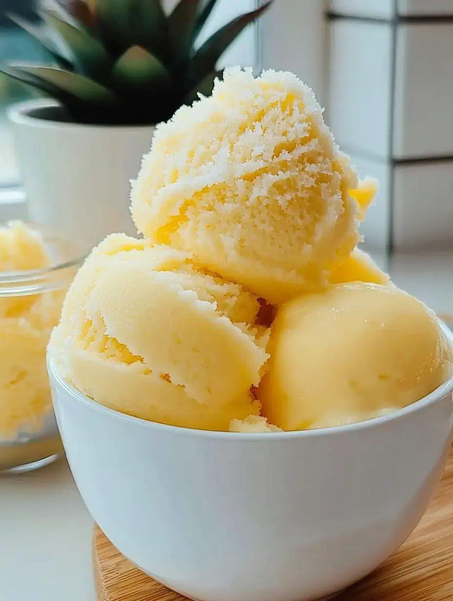 Un bol blanco con varias bolas de helado amarillo sobre una mesa de madera, con un platito de helado y una planta al fondo.