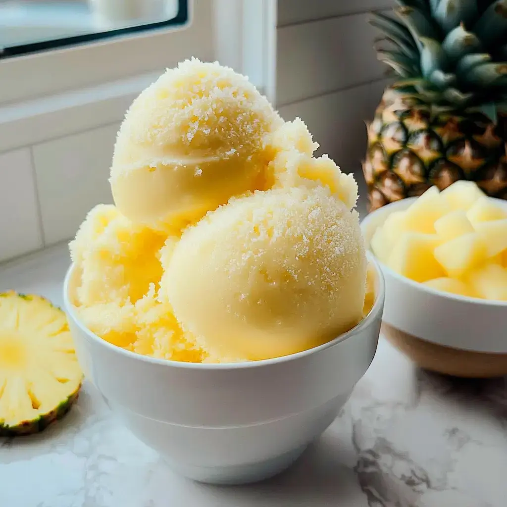 Un bol con tres bolas de sorbete de coco amarillo junto a piña fresca y trozos de piña en otro bol.