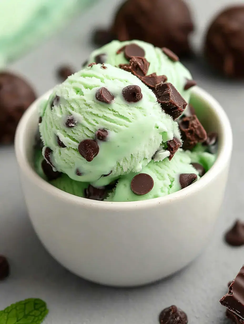 Un bol pequeño blanco con helado de menta y trocitos y chispas de chocolate encima.