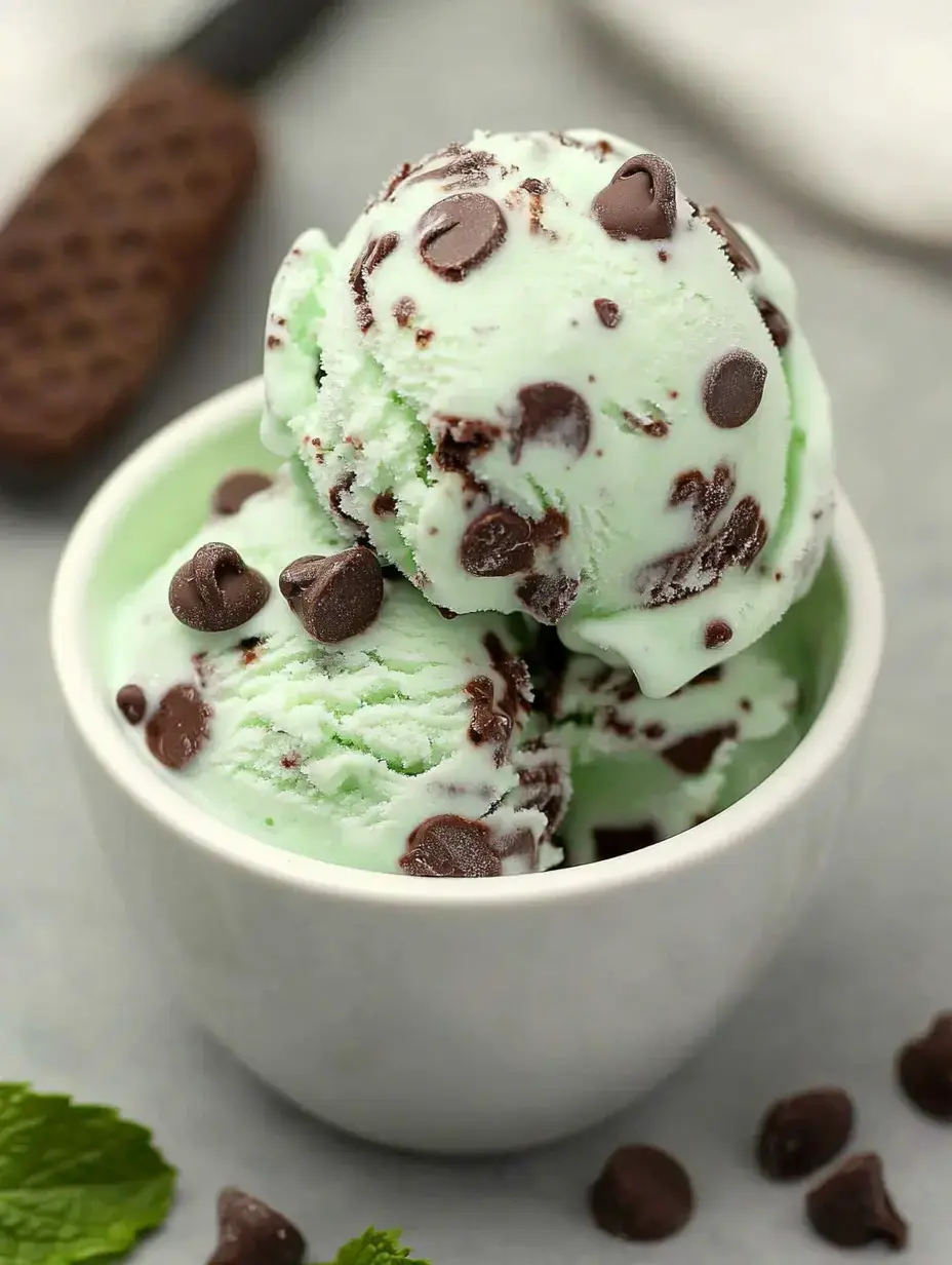 Un bol de helado de menta con chispas de chocolate, rodeado de trozos de chocolate y hojas de menta.