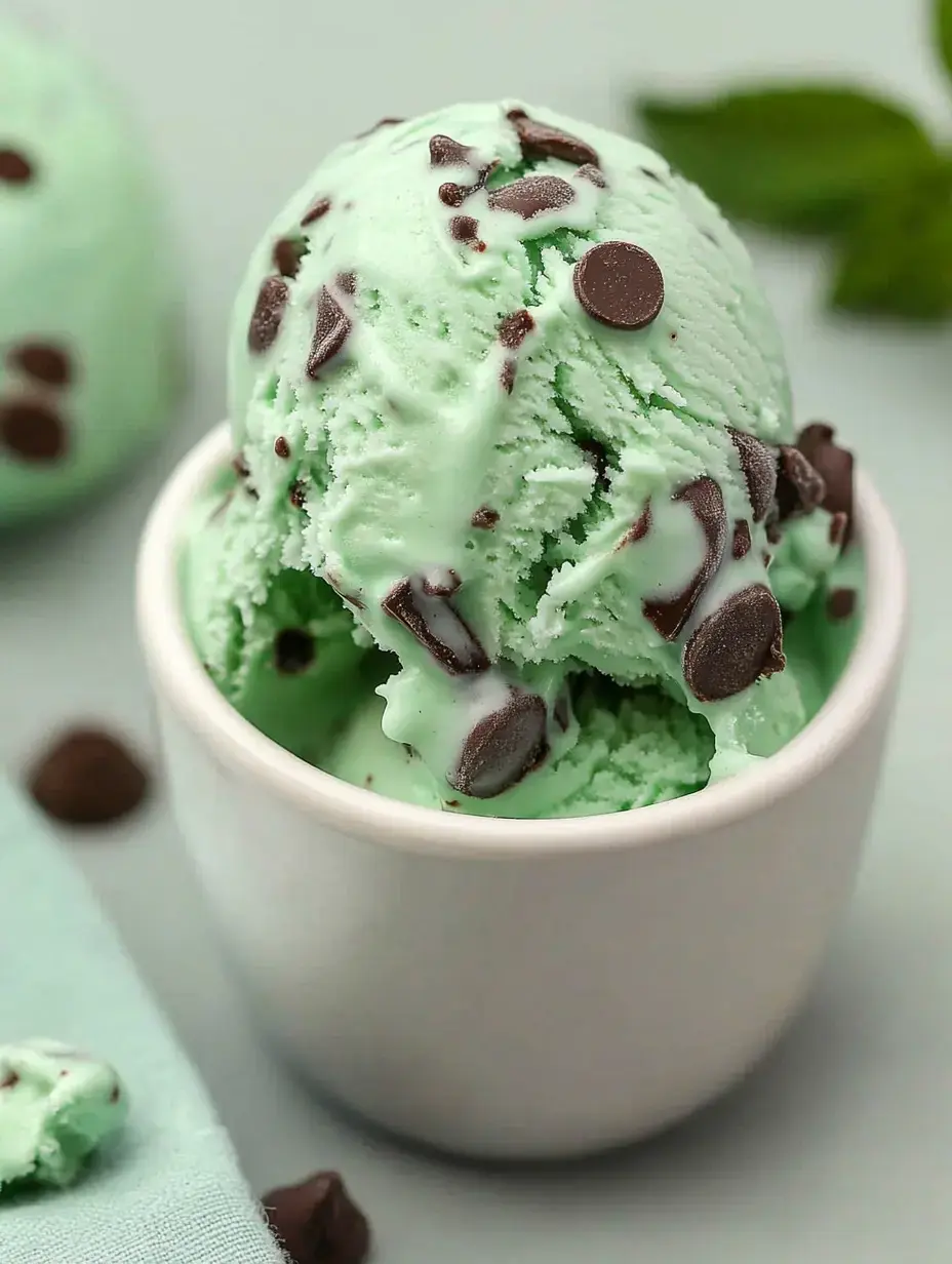 Un acercamiento a una bola de helado de menta con chispas de chocolate, servido en una tacita blanca.