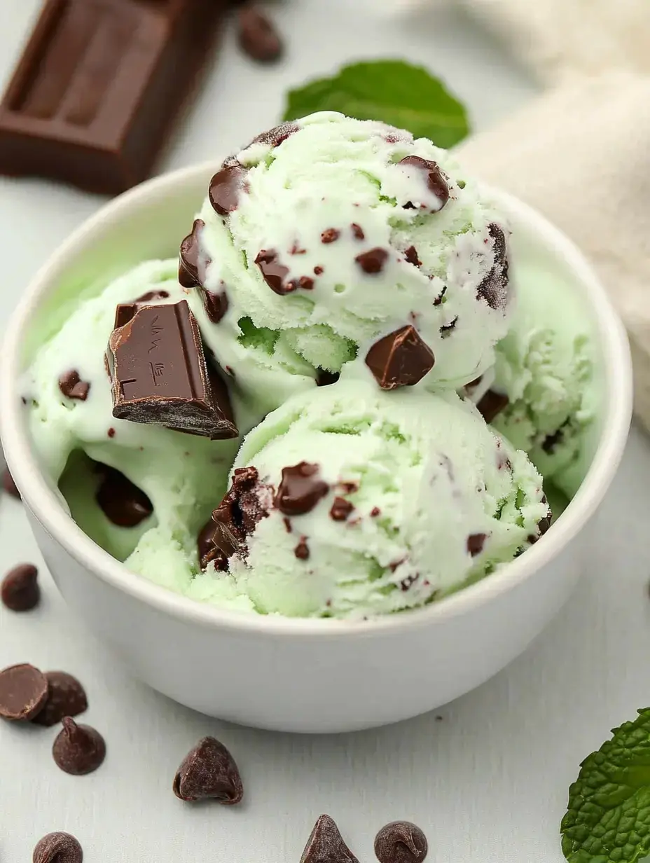Un bol de helado de menta con trozos de chocolate y decorado con hojas de menta fresca y chips de chocolate.