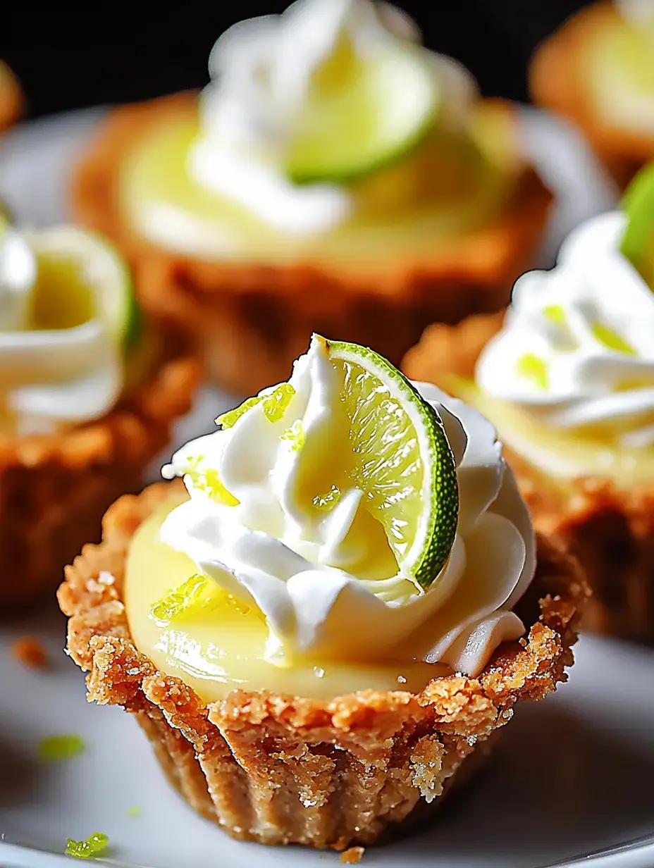 Tartaletas individuales de lima con nata montada y rodajas de lima, servidas en plato blanco.