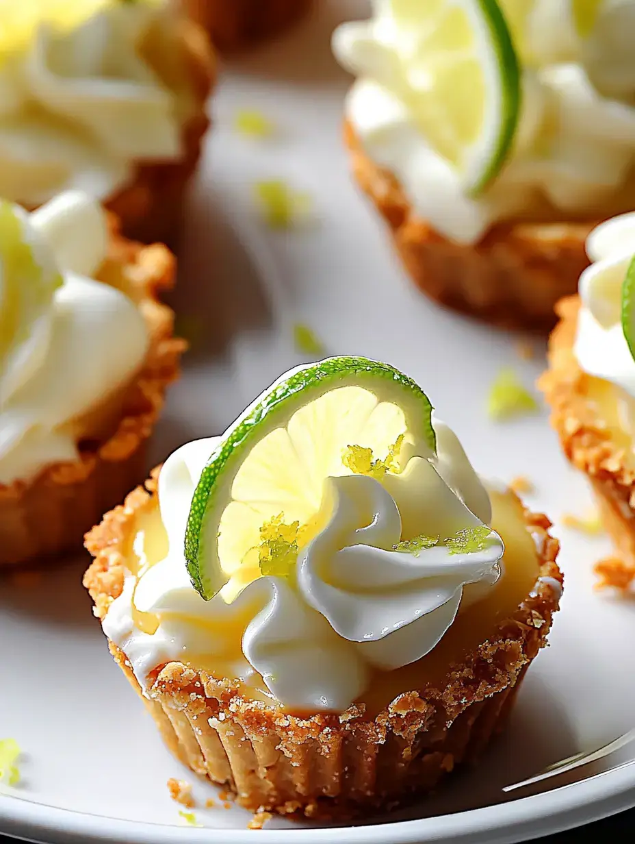 Tartaletas pequeñas de lima decoradas con nata y una rodaja de lima en plato blanco.