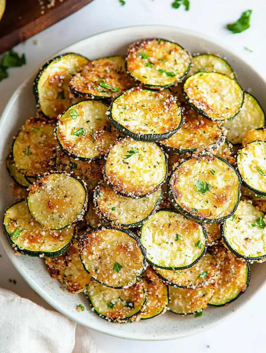 Un plato con rodajas de calabacín doradas y crujientes, decoradas con hierbas.