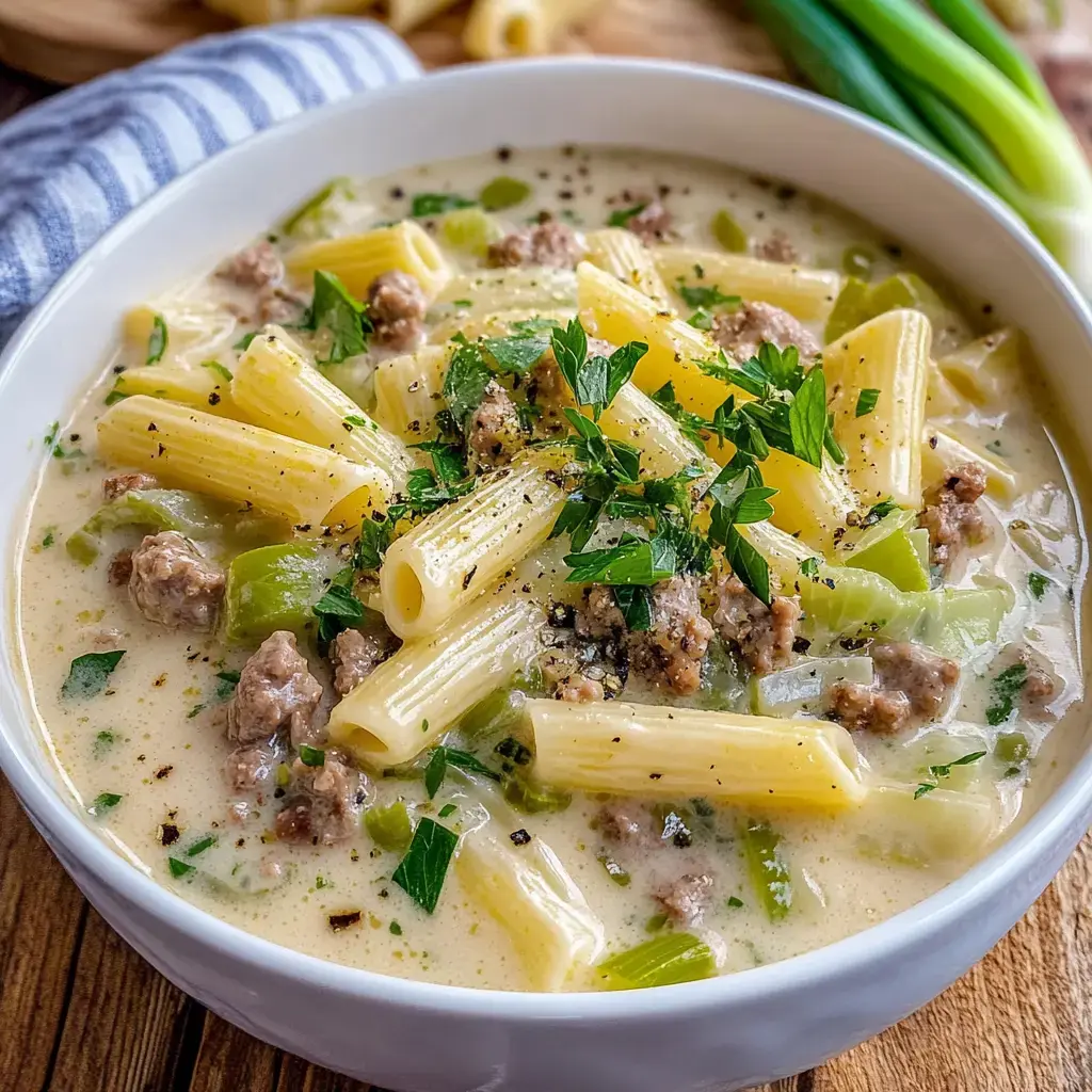 Un plato lleno de pasta cremosa con rigatoni, carne molida y lauch, decorado con perejil fresco.