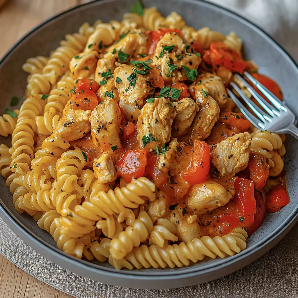 Un plato con pasta en espiral, trocitos de pollo y pimientos, decorado con hierbas frescas.