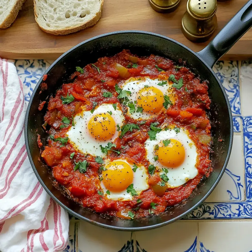 Un sartén con huevos fritos en una salsa de tomate especiada, decorado con perejil fresco, sobre una mesa colorida con pan al fondo.