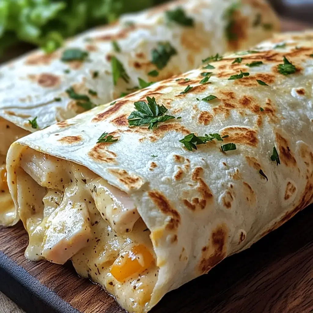 Dos tortillas rellenas con pollo y vegetales sobre una tabla de madera.